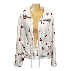 White Sherpa Fleece Jacket With Cherry Print Size XL Front Ties Soft NWOT